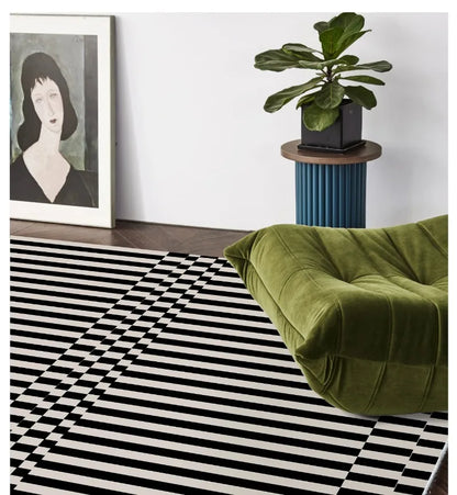 Light Luxury Black & White Plaid Rug — Fluffy Soft Carpet for Bedroom, Living Room, Study, and Home Decor