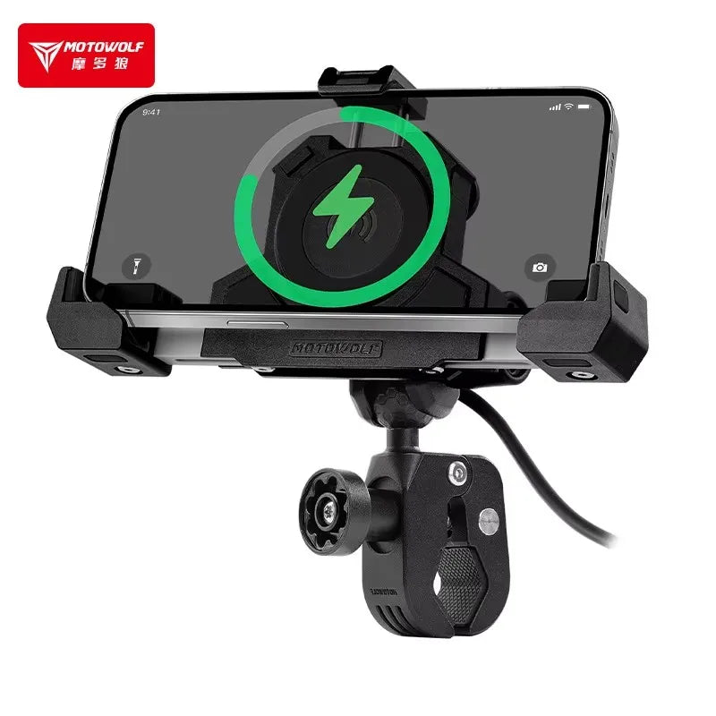 MOTOWOLF Motorcycle Shock Absorbing Phone Holder – Triangular Wireless Charging Navigation Mount