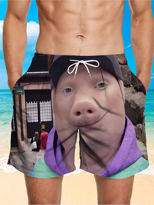 Cartoon Pig Print Swim Shorts – Adjustable Drawstring Waist with Pockets, Lightweight Summer Pool & Ocean Wear