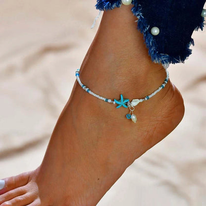 Bohemia Starfish Conch Shell Anklet – Double Heart Beaded Summer Beach Leg Chain Jewelry for Women Barefoot Sandal Accessory