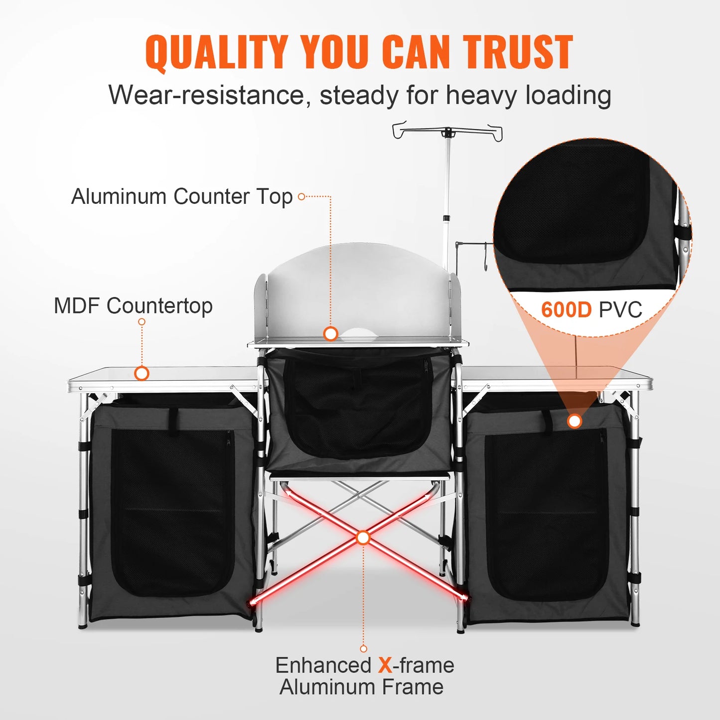 VEVOR Foldable Camping Kitchen Table – Outdoor Cooking Cabinet with Storage Rack & X-Shaped Aluminum Alloy Frame for BBQ & Picnic