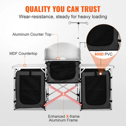 VEVOR Foldable Camping Kitchen Table – Outdoor Cooking Cabinet with Storage Rack & X-Shaped Aluminum Alloy Frame for BBQ & Picnic