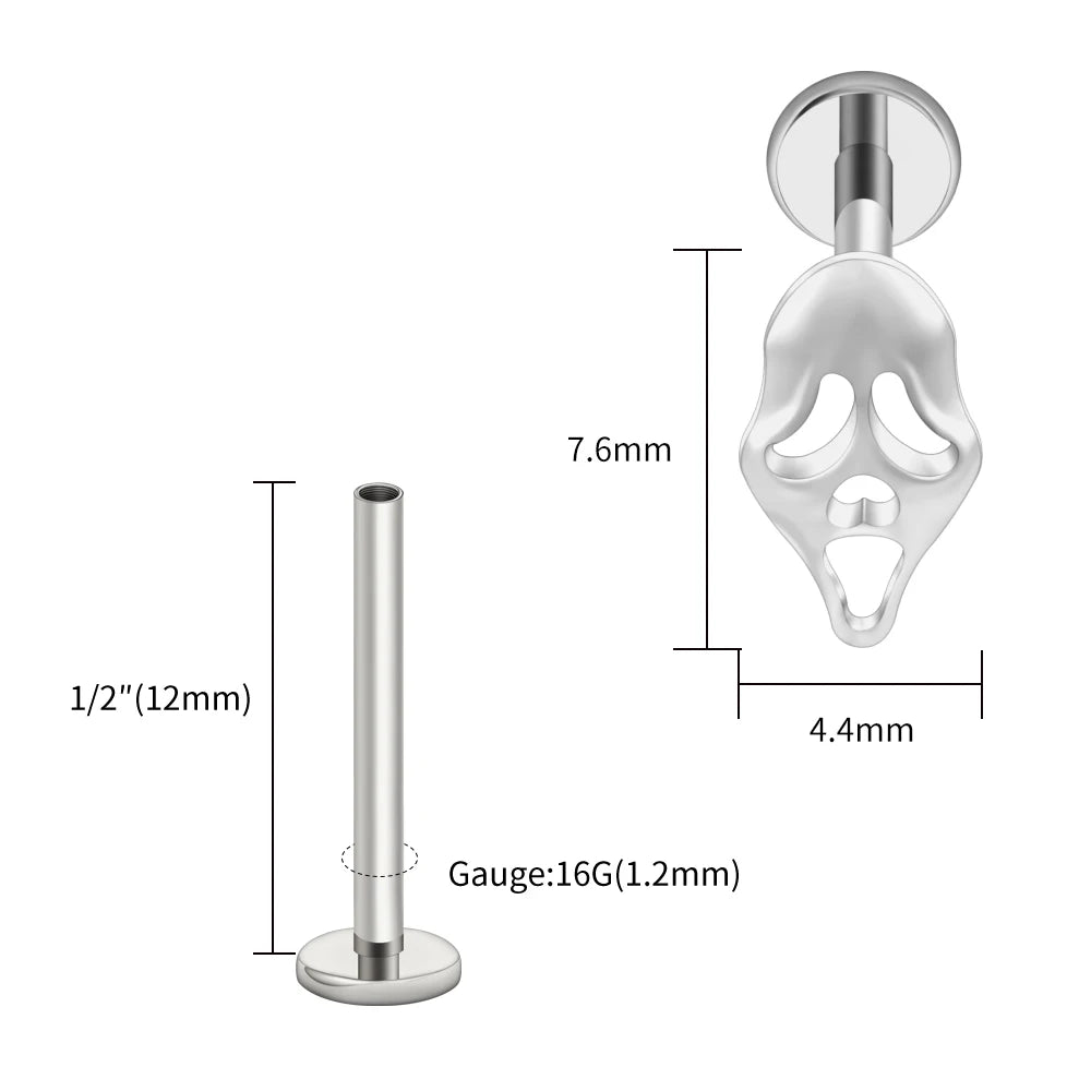 Right Grand ASTM F136 Titanium 16G Ghost Face Flat Back Earring – Halloween CZ Cartilage Stud for Helix, Labret & Nose Piercing Jewelry