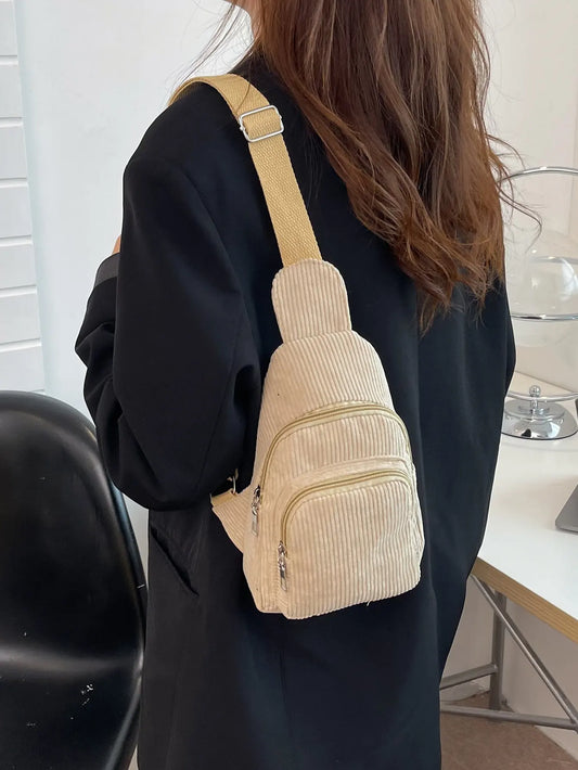 Women's Corduroy Chest Bag – Lightweight Casual Korean Style Crossbody & Waist Bag, Soft Pure Color Shoulder Bag