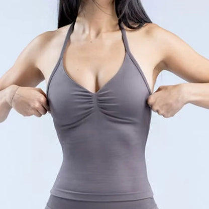 New Impact Sports Yoga Vest - Women's Backless Fitness Top, Built-in Bra with Cups, Scrunch Gym Clothes for Workout