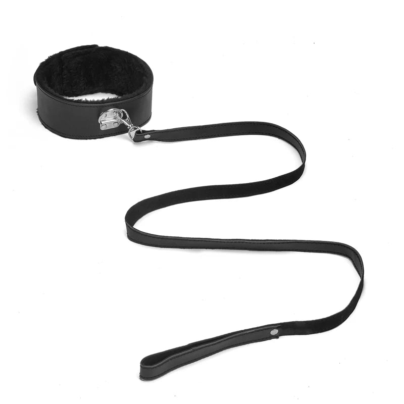 Plush-Lined BDSM Leather Collar & Leash Set - Adjustable Adult Bondage Restraint Accessory