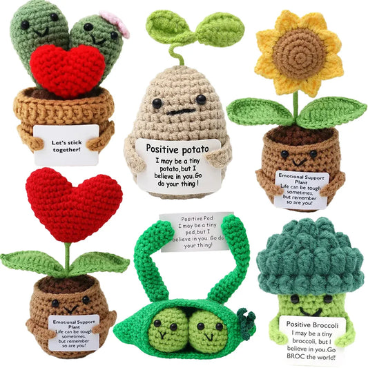 Positive Energy Crochet Doll — Handmade Knitted Plush Potato, Plant, Avocado, Bee & Animal Pocket Hug Emotional Support Gift