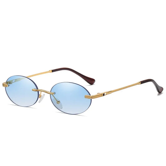 Retro Oval Rimless Sunglasses – Blue Mirror Gold Metal UV400 for Men & Women