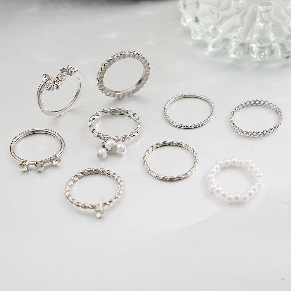Bohemian Butterfly Pearl Rings Set – Vintage Gothic Plated Retro Rhinestone Finger Jewelry for Women, Gift Idea