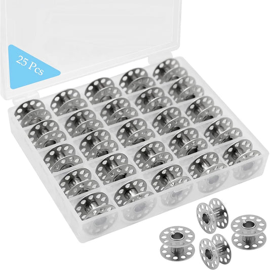 25PCS Metal Sewing Bobbins Set - Visible Mesh Storage Box for Singer Brother DIY Sewing Machine Accessories