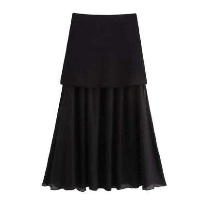 TRAFZA 2025 Women’s Wine Red Skirt Set – Knitted V-Neck Vest with High Waist Zipper Patchwork Long Skirt