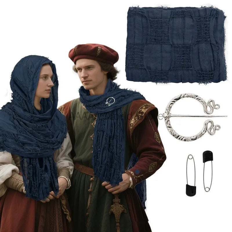 Medieval Renaissance Hooded Cloak – Halloween Costume Cape Wrap with Brooch, Cowl Scarf for Rogue Cosplay
