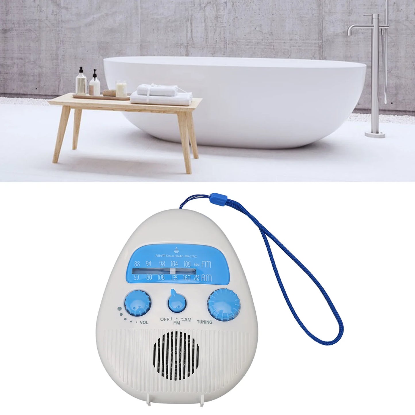 Waterproof AM/FM Shower Radio – Portable Bathroom Radio with Built-In Speaker and Battery Operation