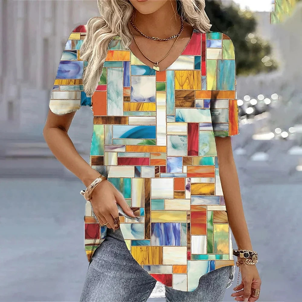 Women's 3D Flower Print V-Neck T-Shirt - Oversized Kawaii Summer Casual Blouse Top Fashion Clothing