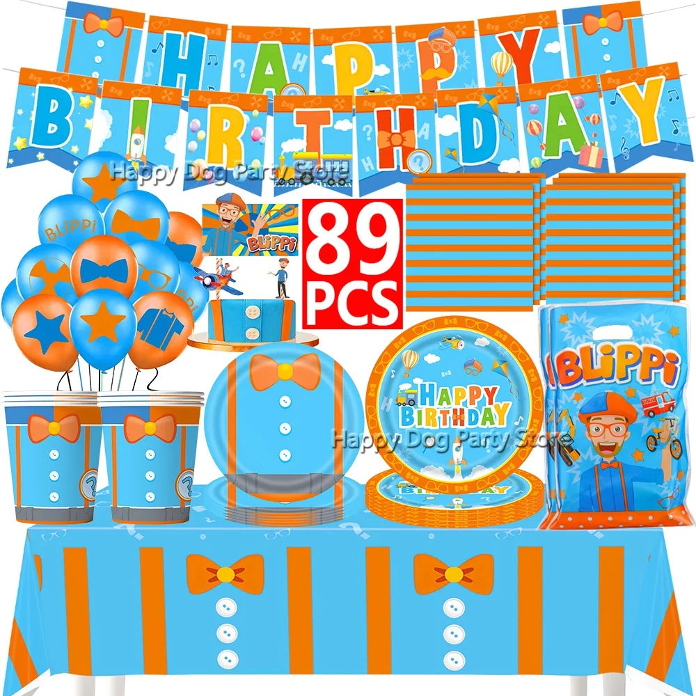 Happy Birthday Party Supplies Set — Cartoon Movie Theme Flag Banner, Paper Tableware, Latex Balloons & Cake Topper Decoration
