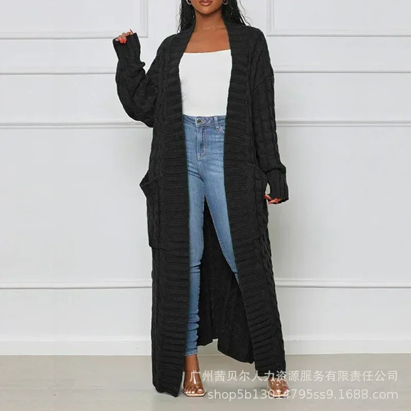 Open Front Cable Knit Longline Cardigan for Women – Long Sleeve, Loose Fit, Casual Fashion Knitwear, Solid Color