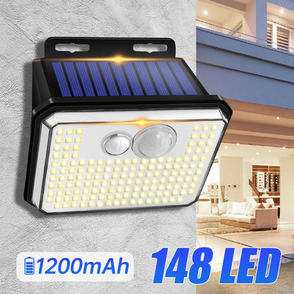 IP65 Waterproof 148 LED Solar Motion Sensor Outdoor Garden Light, Super Bright Wall-Mounted Security Lamp with 3 Lighting Modes