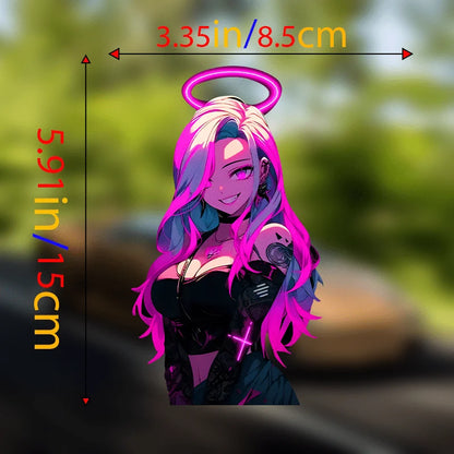 Neon Pink Cyberpunk Angel Sticker - Waterproof Vinyl Decal for Cars, Motorcycle Fuel Tanks, and Laptops