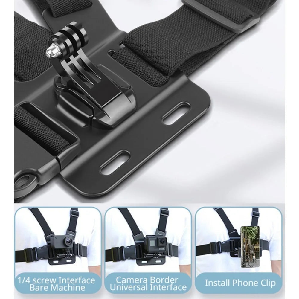Phone Holder Chest Strap Mount – Compatible with GoPro Hero, Insta360 R/X2, DJI OSMO, GoPro, SJCAM, EKEN Action Cameras