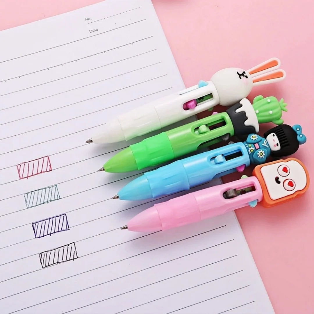 Cartoon Mini 4-Color Ballpoint Pen – Cute Multicolor Click Pen for School, Office, and Journaling