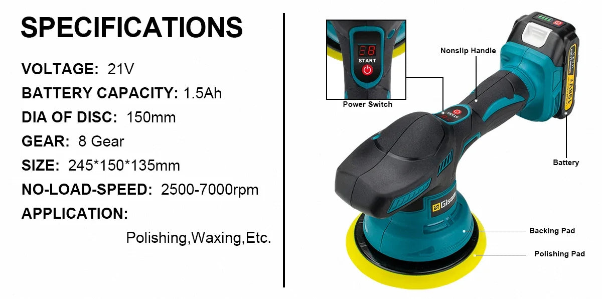 Gisam 8-Gear Digital Cordless Car Polisher — Electric Auto Waxing & Polishing Machine Compatible with Makita 18V Battery