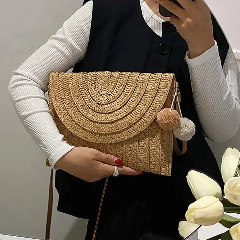 Handmade Straw Beach Bag – Small Woven Summer Shoulder Crossbody Clutch with Hair Ball