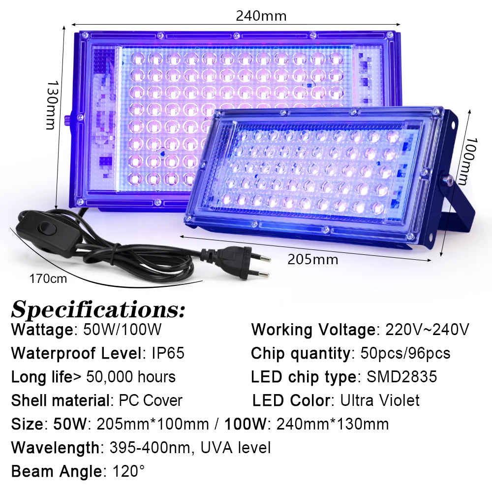 395nm-400nm LED UV Floodlight — 50W/100W 220V Waterproof Ultraviolet Stage Blacklight for Disco & Party