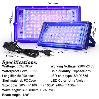 395nm-400nm LED UV Floodlight — 50W/100W 220V Waterproof Ultraviolet Stage Blacklight for Disco & Party
