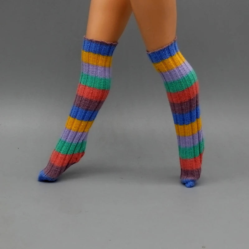 25CM Winter Doll Fishnet Stockings – Rainbow Striped Socks for Dolls, Girls’ Christmas Gift