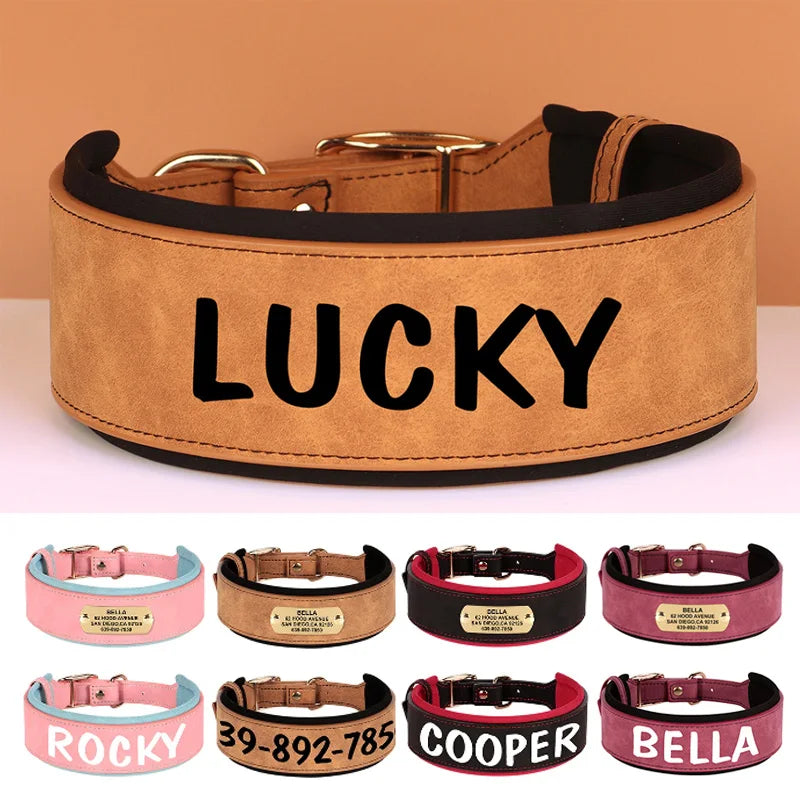 Wide Personalized PU Leather Dog Collar – Custom Tag Soft Pet Collar for Small, Medium & Large Dogs, Pitbulls & Bulldogs