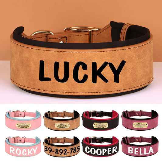 Wide Personalized PU Leather Dog Collar – Custom Tag Soft Pet Collar for Small, Medium & Large Dogs, Pitbulls & Bulldogs