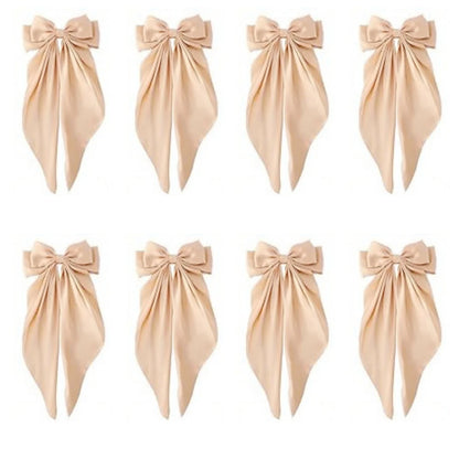 8 Ladies Satin Ribbon Bow Hair Clips – Oversized White, Pink, Red, Blue, Black Long Tail, Spring Clip for Ponytail Hair Accessories