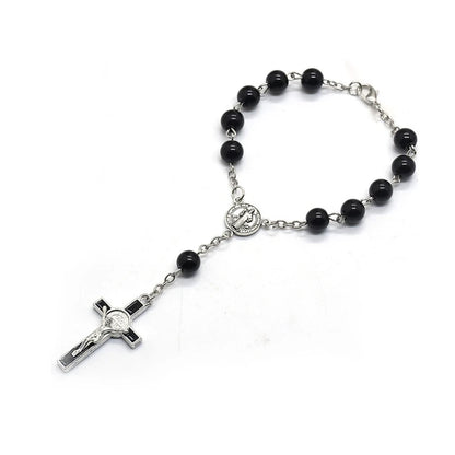 Exquisite Black Glass Rosary Cross Bracelet – Catholic Prayer Bead Jewelry, Religious Wrist Rosary for Faith & Spiritual Devotion