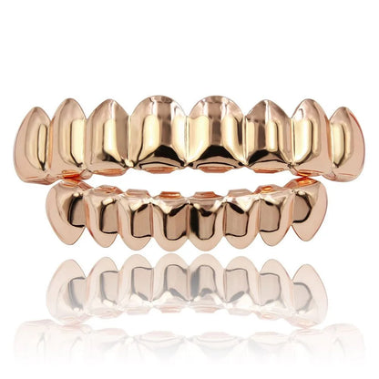 Glossy Teeth Grillz Set - Top & Bottom Anti-Slip Copper Dental Caps Gold Silver Halloween Jewelry Accessory