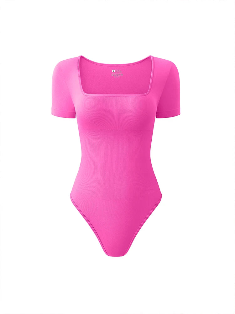 Women’s Early Autumn Square Neck Seamless Bodysuit – Short Sleeve Solid Color Body Shaping Jumpsuit Top