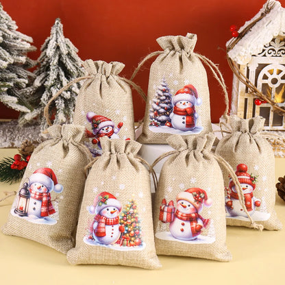 6pcs Christmas Linen Drawstring Gift Bags - Burlap Candy Biscuit Pouches for Holiday Decor & Xmas Gift Packaging