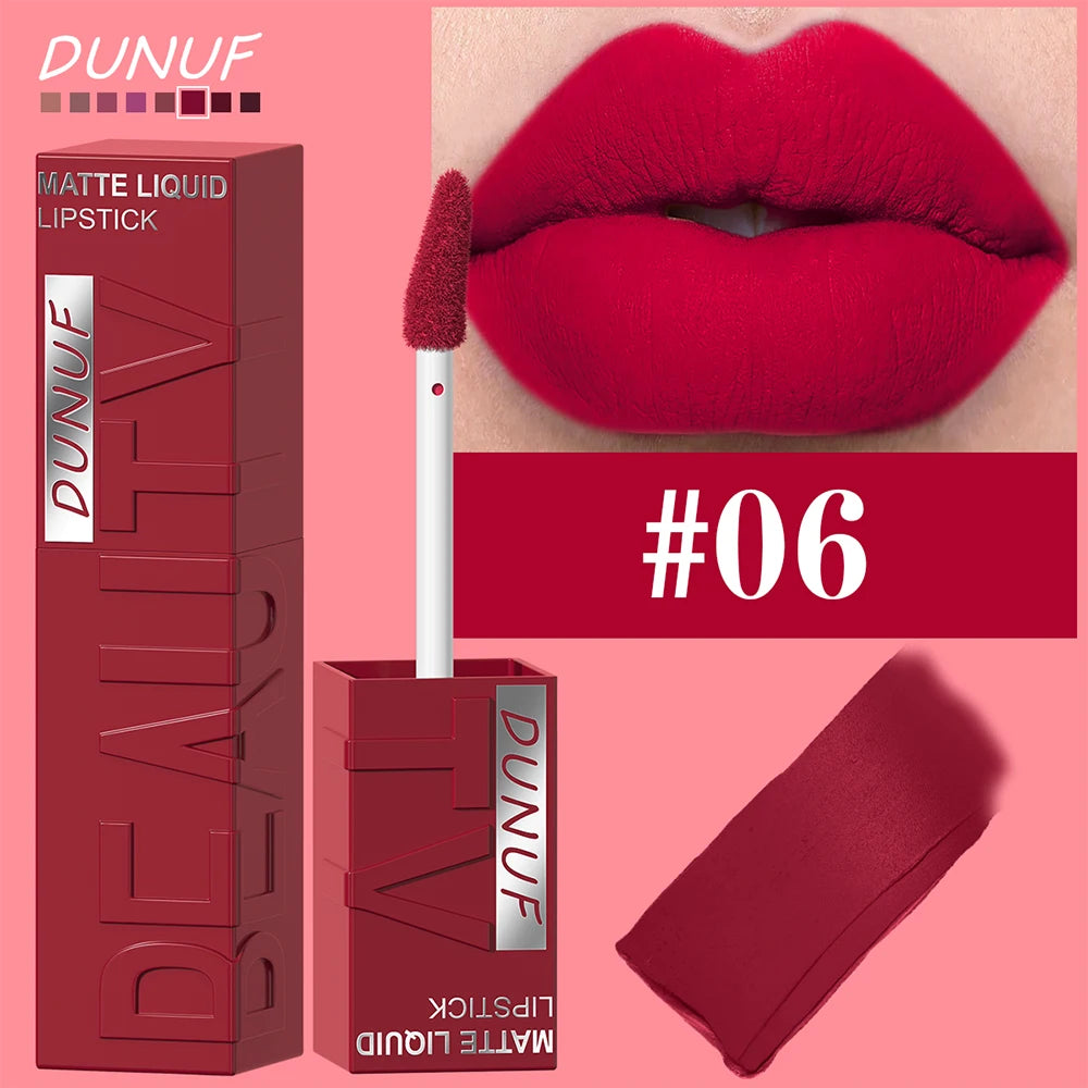 DUNUF Matte Velvet Lipstick - 8 Color Waterproof Plumping Square Tube Lip Gloss Makeup