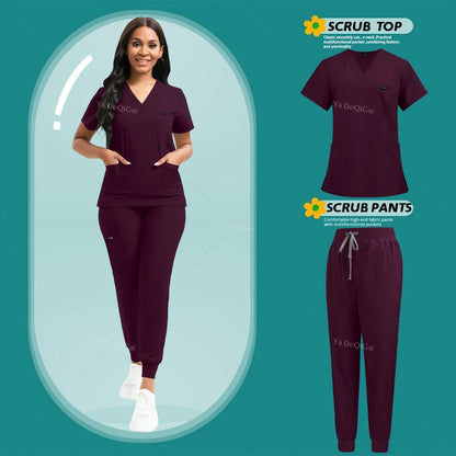 Women's Stretch Scrub Set - Nursing Uniform Top & Jogger Pants for Medical Work