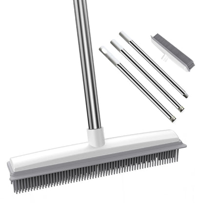 Long Handle Rubber Broom: Pet Hair Remover with Squeegee - Ideal for Fluff Carpet and Hardwood Floors, No Scratch Guarantee