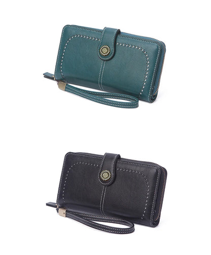 Vintage Large Capacity Women's Purse – Monochromatic Multi-Card Long Wallet with Zipper & Wrist Strap