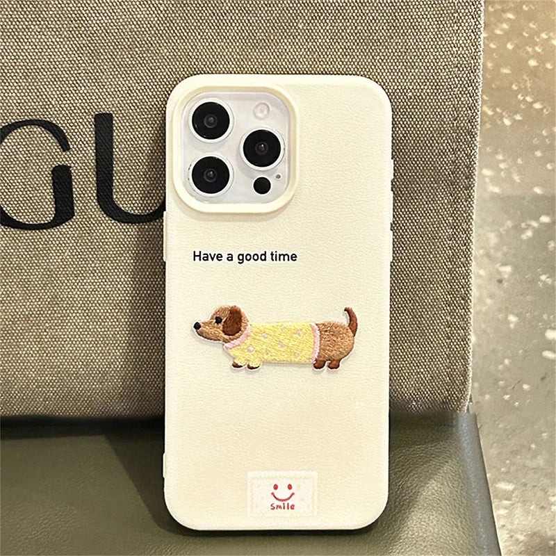 Cute Cartoon Dachshund iPhone Case – Litchi Texture Cover for iPhone 11–17 Pro/Pro Max/Plus/XS Max/XR