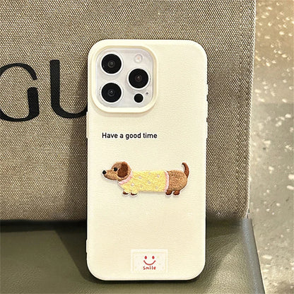 Cute Cartoon Dachshund iPhone Case – Litchi Texture Cover for iPhone 11–17 Pro/Pro Max/Plus/XS Max/XR