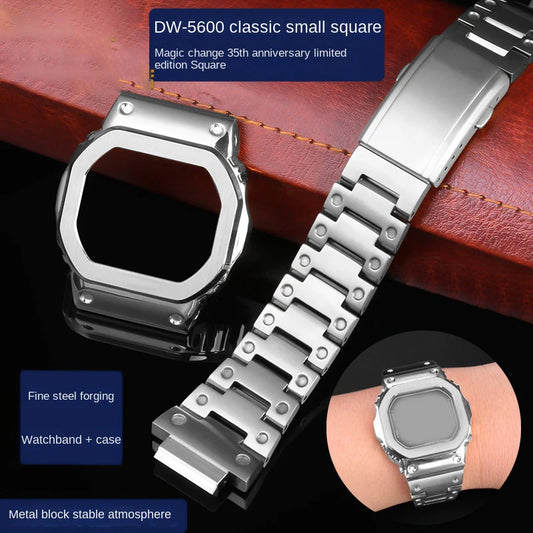 Casio G-SHOCK DW5600 Mod Kit - Stainless Steel Case Bezel & Metal Strap Replacement Set for GW-M5610/GW-B5600