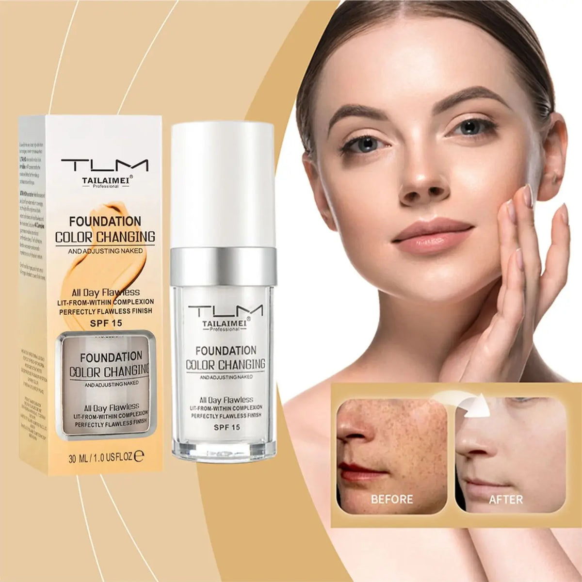 Warm-Change Liquid Foundation with Sunscreen – Waterproof, Long-Lasting Oil-Control Makeup for Easy Application and Portable Use