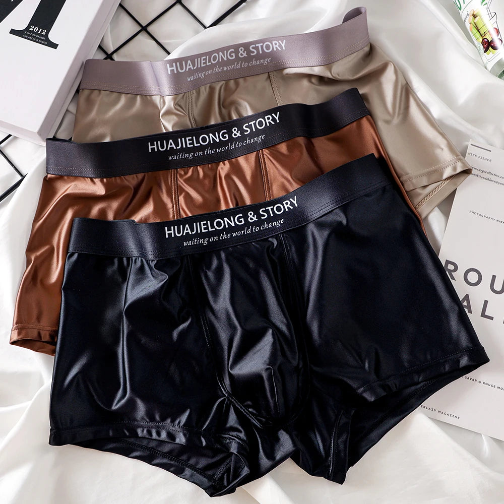 Men’s 3-Pack Ice Silk Satin Boxers, Luxury Smooth Breathable Mesh Crotch Underwear, Summer Cool Solid Fit Boxer Shorts