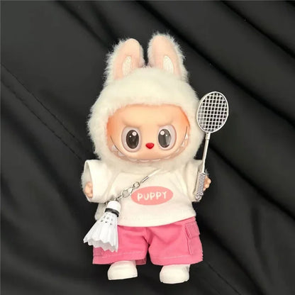 Labubu 15-17cm Doll Sports Outfit – LA Baseball & Trendy Tennis/Badminton Clothing, T-Shirt & Cargo Pants Set