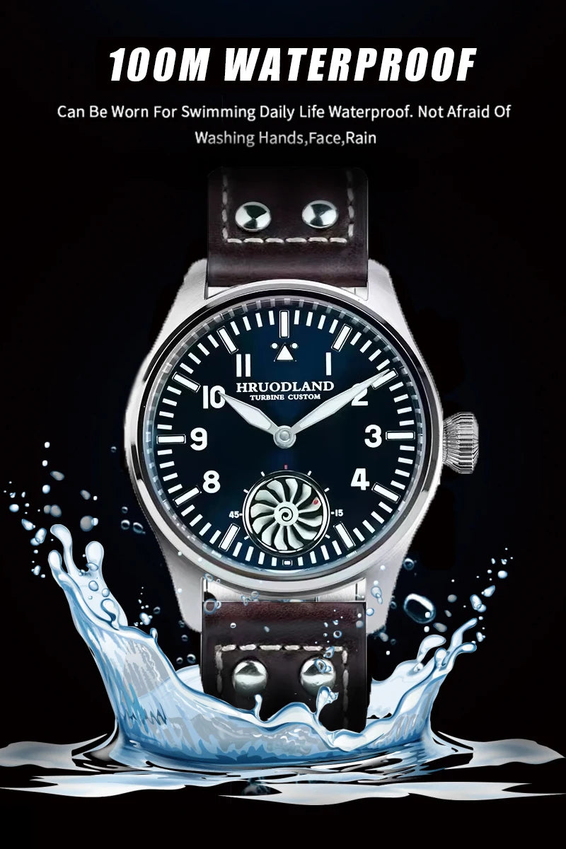 Hruodland 43MM Pilot Men’s Manual Mechanical Watch — Sapphire Crystal, BGW-9 Night Light, Turbine Design, Waterproof 5Bar