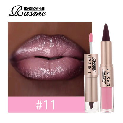 2-in-1 Tapered Lip Liner Pen - Waterproof Nude Brown Lip Contour & Matte Gloss Makeup