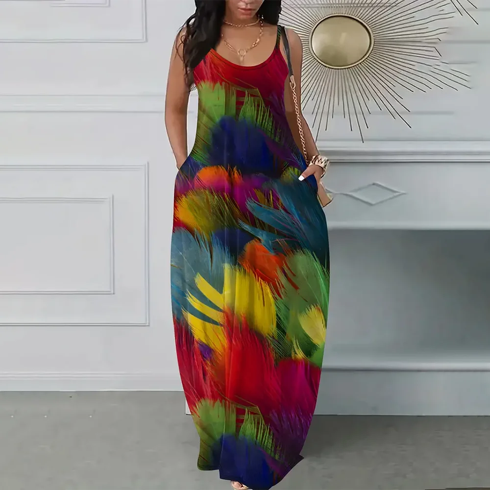Women’s Summer 3D Butterfly Print Dress – Black & White Sleeveless Spaghetti Strap Loose Long Vest Dress, Plus Size Vintage Style