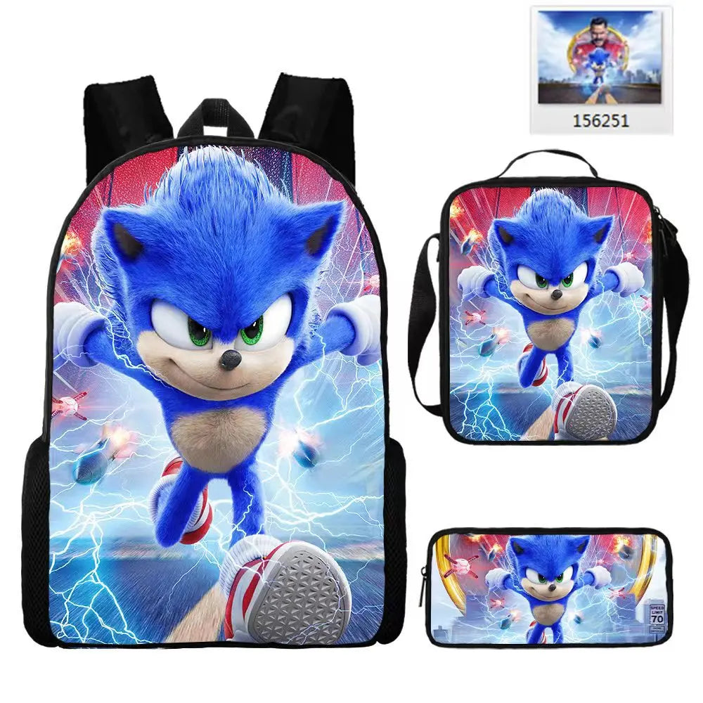 3PC Sonic Backpack School Bag Set – Anime Cartoon Zipper Backpack for Boys & Girls, Primary and Middle School Students